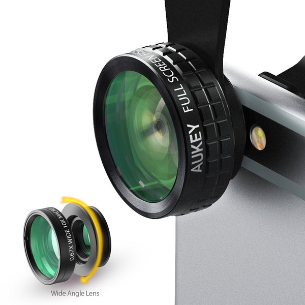 AUKEY Mini Clip-on Optic Cell Phone Camera Lens Kit 180 Degree Fisheye Lens + 110 Degree Wide Angle + 10x Macro Lens for Phones