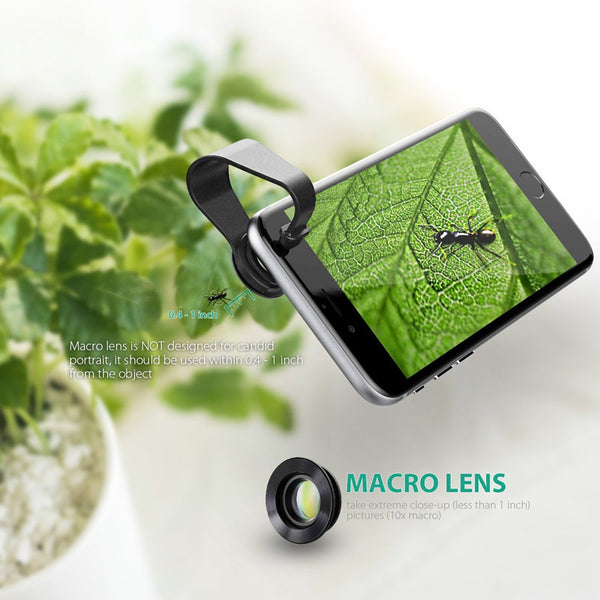 AUKEY Mini Clip-on Optic Cell Phone Camera Lens Kit 180 Degree Fisheye Lens + 110 Degree Wide Angle + 10x Macro Lens for Phones