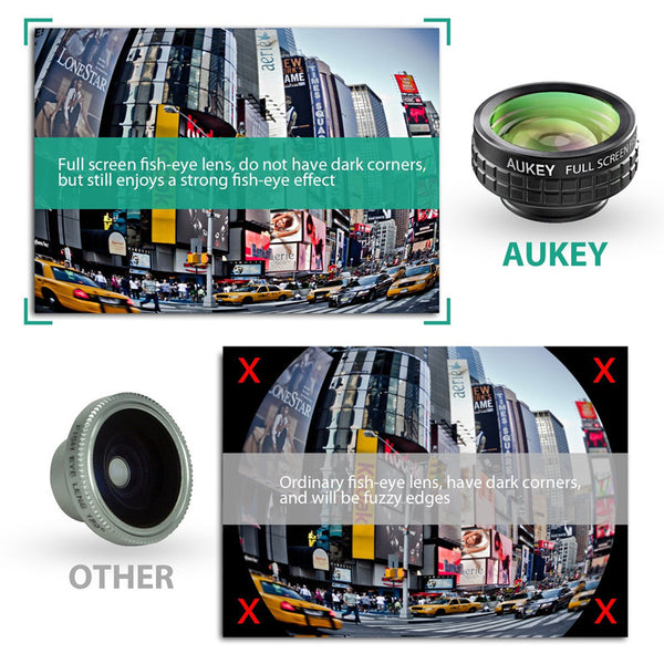 AUKEY Mini Clip-on Optic Cell Phone Camera Lens Kit 180 Degree Fisheye Lens + 110 Degree Wide Angle + 10x Macro Lens for Phones