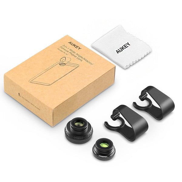 AUKEY Mini Clip-on Optic Cell Phone Camera Lens Kit 180 Degree Fisheye Lens + 110 Degree Wide Angle + 10x Macro Lens for Phones