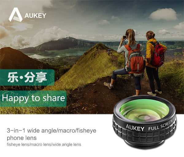 AUKEY Mini Clip-on Optic Cell Phone Camera Lens Kit 180 Degree Fisheye Lens + 110 Degree Wide Angle + 10x Macro Lens for Phones