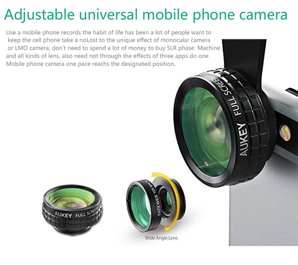 AUKEY Mini Clip-on Optic Cell Phone Camera Lens Kit 180 Degree Fisheye Lens + 110 Degree Wide Angle + 10x Macro Lens for Phones