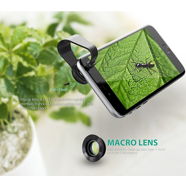 AUKEY Mini Clip-on Optic Cell Phone Camera Lens Kit 180 Degree Fisheye Lens + 110 Degree Wide Angle + 10x Macro Lens for Phones