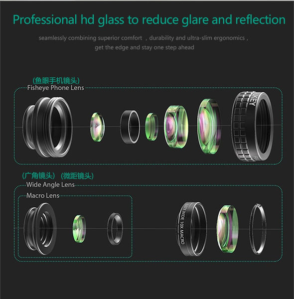 AUKEY Mini Clip-on Optic Cell Phone Camera Lens Kit 180 Degree Fisheye Lens + 110 Degree Wide Angle + 10x Macro Lens for Phones