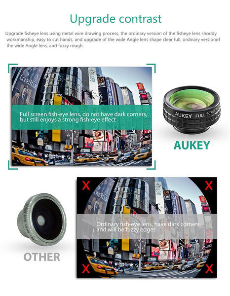 AUKEY Mini Clip-on Optic Cell Phone Camera Lens Kit 180 Degree Fisheye Lens + 110 Degree Wide Angle + 10x Macro Lens for Phones