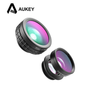 AUKEY Mini Clip-on Optic Cell Phone Camera Lens Kit 180 Degree Fisheye Lens + 110 Degree Wide Angle + 10x Macro Lens for Phones